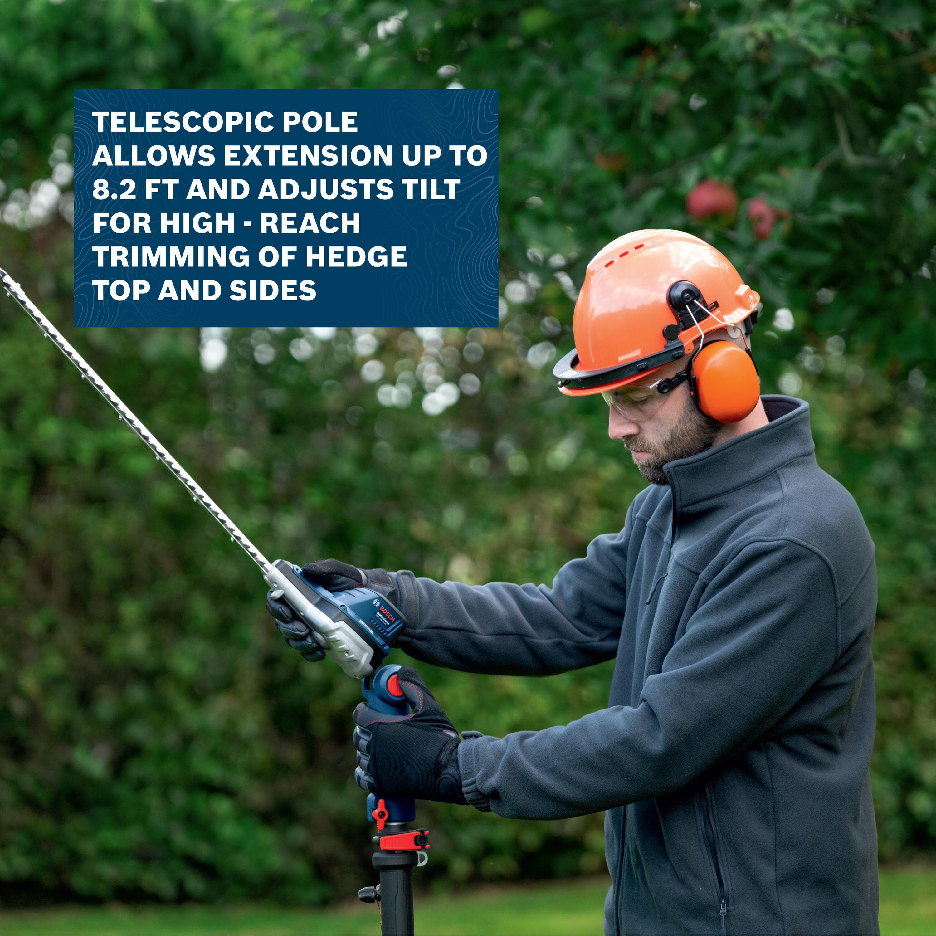 A landscaper wearing protective gloves adjusts the angle adjustment lever on the telescoping aluminum shaft of the Bosch cordless yard pruning tool. Text on the image emphasizes that the telescopic pole allows extension up to 8.2 feet and adjusts tilt for high-reach trimming of hedge tops and sides.