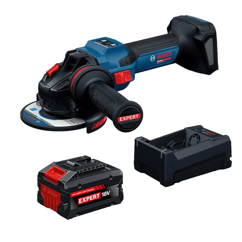 The Bosch 18V Brushless 5 to 6 Inch Cordless EXPERT Angle Grinder Kit EXWS18V-15SB18X is displayed against a clean white background. The comprehensive power tool kit contains the variable speed angle grinder fitted with a slide switch, an EXPERT 18V lithium-ion battery pack, and a heavy-duty fast desktop battery charger.