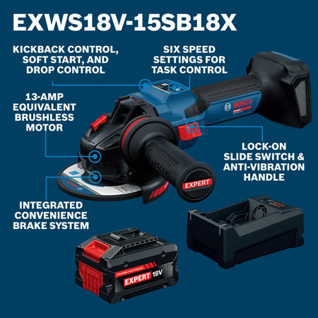 An instructional graphic breakdown of the Bosch EXWS18V-15SB18X cordless angle grinder kit on a solid blue backdrop. Connected lines call out key technical features including KickBack Control, soft start, drop control, a 13-amp equivalent brushless motor, six speed settings for precise task control, an integrated convenience brake system, and a lock-on slide switch with an anti-vibration handle.