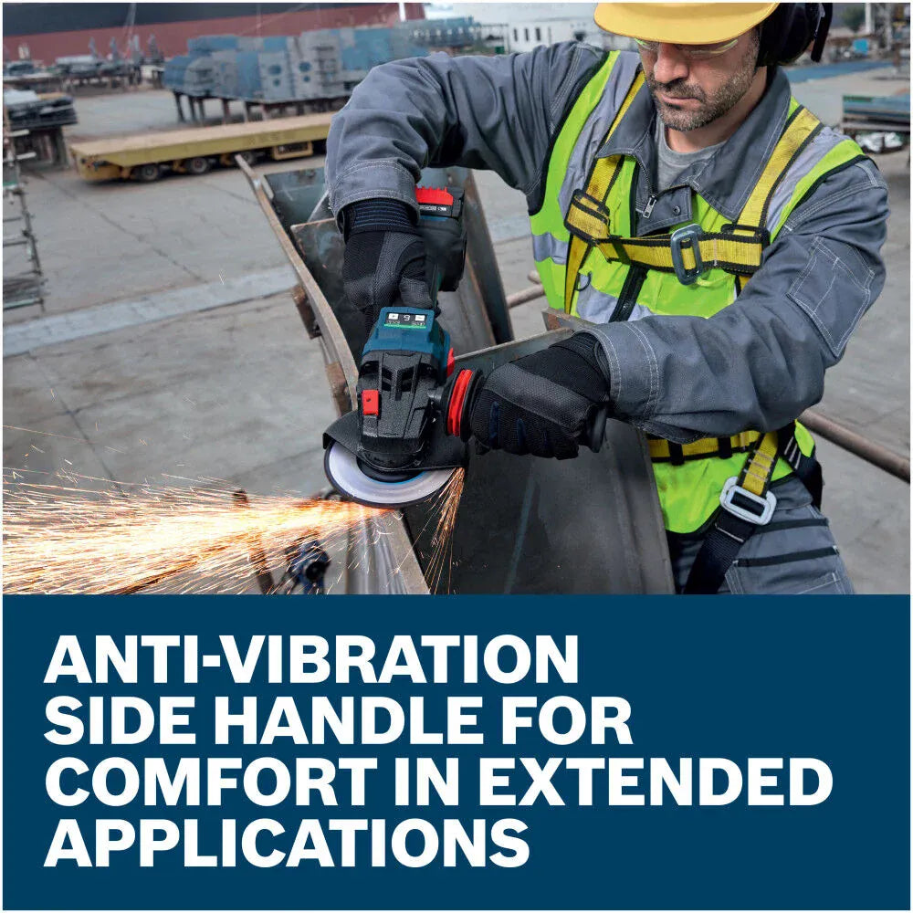 An industrial worker wearing protective gloves, a yellow hard hat, and a safety harness uses the Bosch EXPERT 18V cordless angle grinder to cut through a heavy metal structure on a job site, producing bright trails of sparks. Bold graphic text highlights the benefits of the anti-vibration side handle for increased comfort during extended industrial applications.