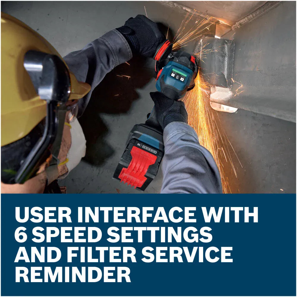 An overhead action view of a fabricator using the variable speed brushless angle grinder to smooth out an overhead structural weld seam. The product graphic features text calling attention to the digital user interface with six speed settings and an integrated filter service reminder designed to prevent motor dust clogging.