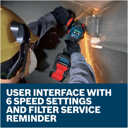 An overhead action view of a fabricator using the variable speed brushless angle grinder to smooth out an overhead structural weld seam. The product graphic features text calling attention to the digital user interface with six speed settings and an integrated filter service reminder designed to prevent motor dust clogging.