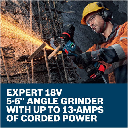 A construction professional operates the Bosch cordless high torque metal concrete cutting tool to cut through steel rebar embedded within a reinforced concrete column. Large promotional text below notes that this EXPERT 18V 5 to 6-inch angle grinder operates with up to 13-amps of corded equivalent power.