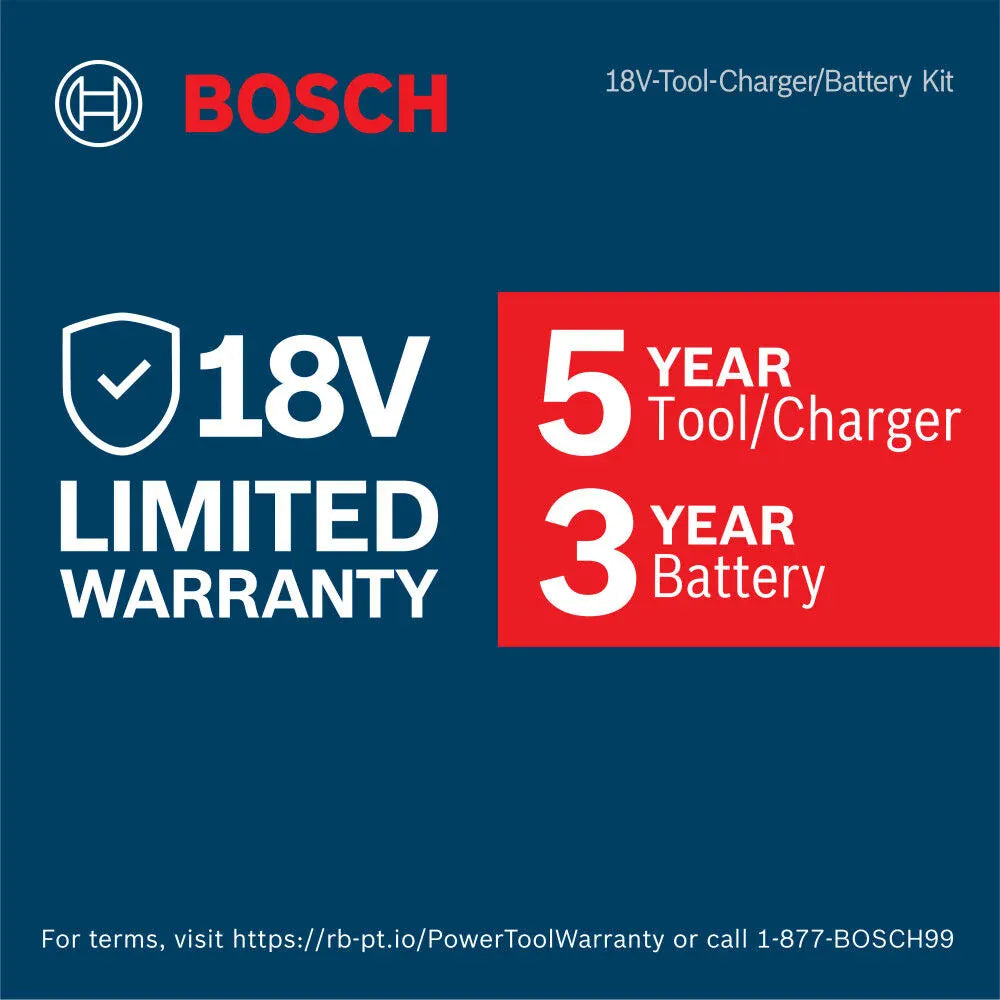 A blue marketing promotional banner detailing the official factory warranty coverage terms for the Bosch 18V-Tool-Charger/Battery Kit. The layout features the classic brand logo alongside announcements specifying a 5-year limited warranty for the tool and charger body, accompanied by a 3-year limited warranty for the lithium-ion batteries.