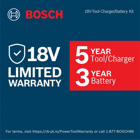 A blue marketing promotional banner detailing the official factory warranty coverage terms for the Bosch 18V-Tool-Charger/Battery Kit. The layout features the classic brand logo alongside announcements specifying a 5-year limited warranty for the tool and charger body, accompanied by a 3-year limited warranty for the lithium-ion batteries.