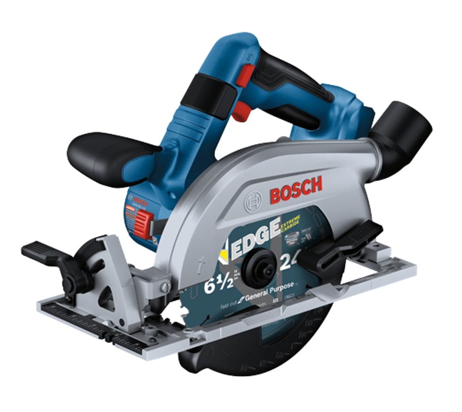 A three-quarter view of the Bosch 18V brushless blade-left 6-and-a-half-inch circular saw.