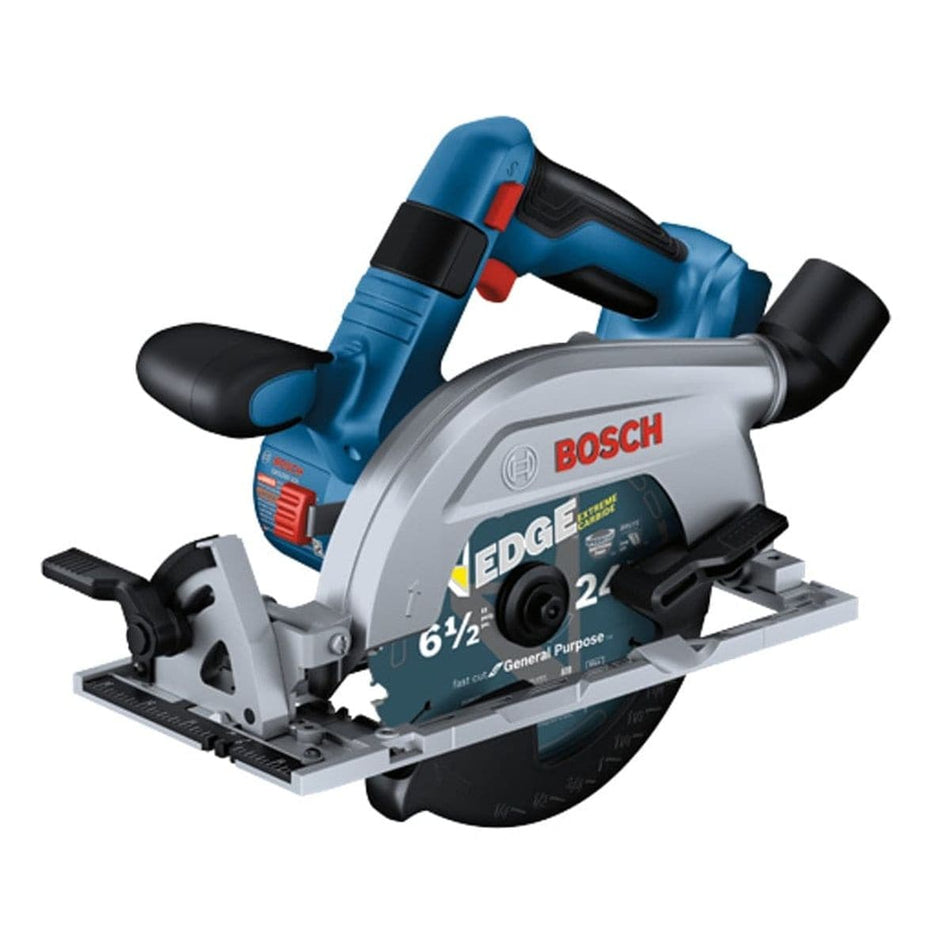 A three-quarter view of the Bosch 18V brushless blade-left 6-and-a-half-inch circular saw.