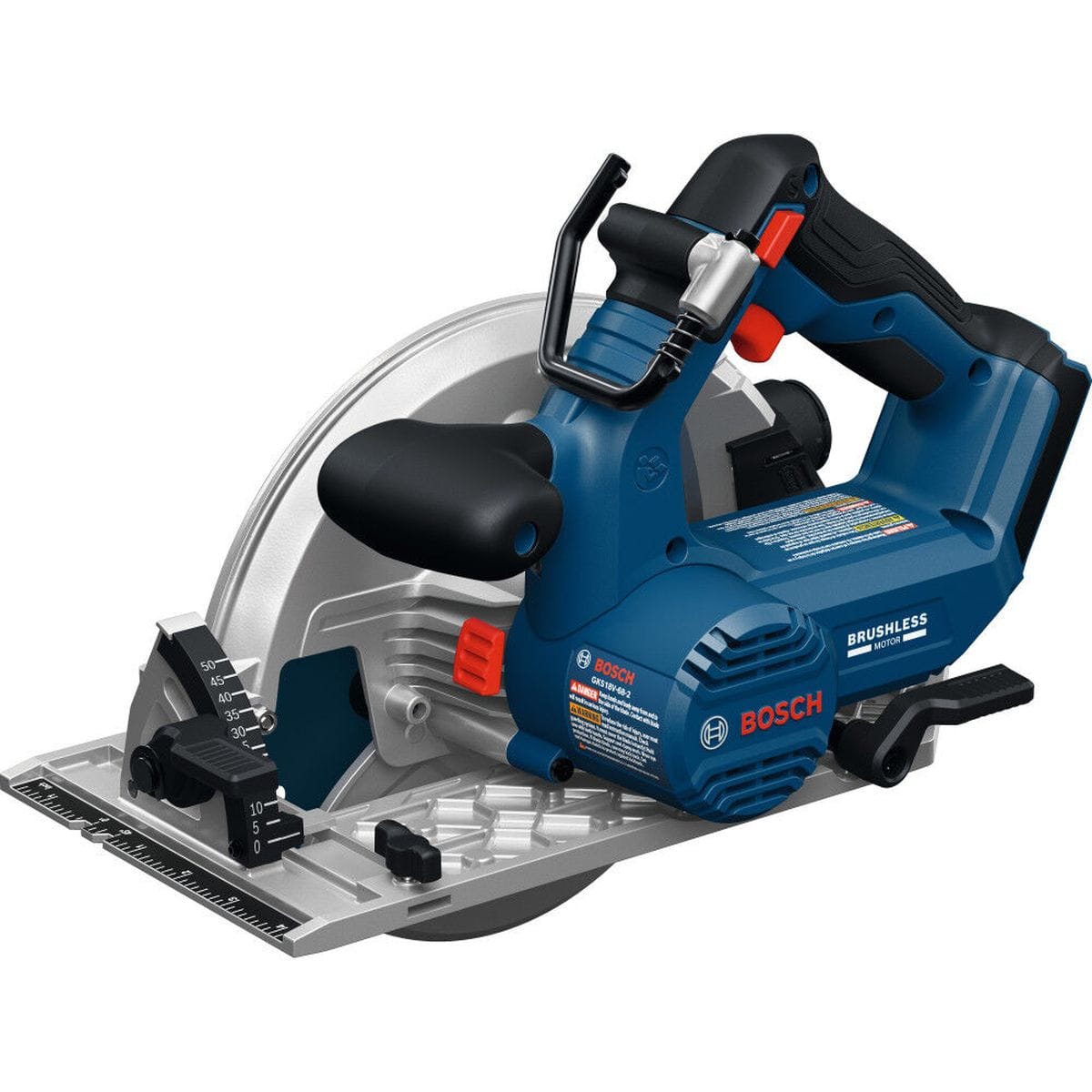 The Bosch 18V Brushless 7 1/4 Inch Circular Saw Bare Tool GKS18V-68-2N is showcased from a three-quarter perspective against a solid white background. This high-speed cordless framing tool features a dark blue motor housing with prominent branding, an integrated rafter hook, clear bevel and depth adjustment scales, and a rugged aluminum base shoe plate.