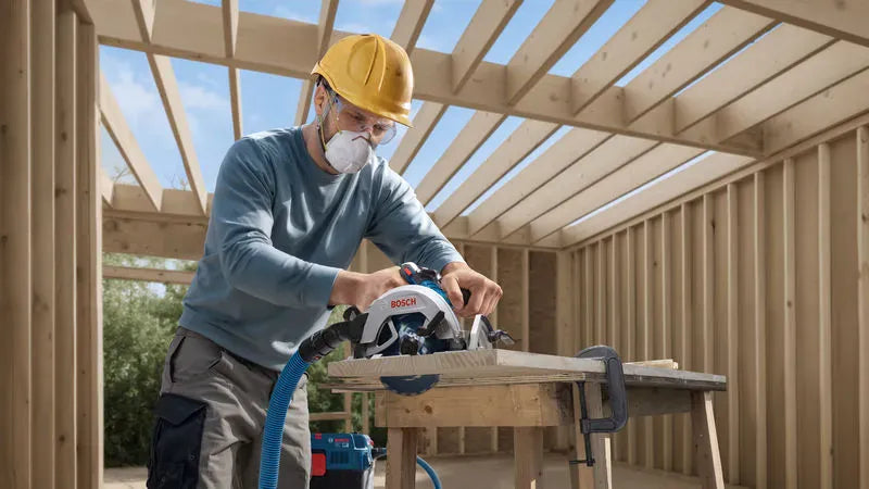 A carpenter in a yellow hard hat, safety glasses, and a dust mask performs a rip cut on a workbench using the Bosch cordless wood cutting tool. The work takes place inside an open framing structure under a clear blue sky, with a dust extractor vacuum hooked up to the unit.