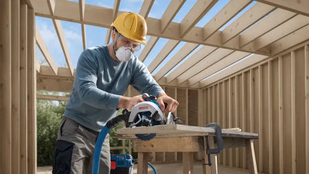 A carpenter in a yellow hard hat, safety glasses, and a dust mask performs a rip cut on a workbench using the Bosch cordless wood cutting tool. The work takes place inside an open framing structure under a clear blue sky, with a dust extractor vacuum hooked up to the unit.
