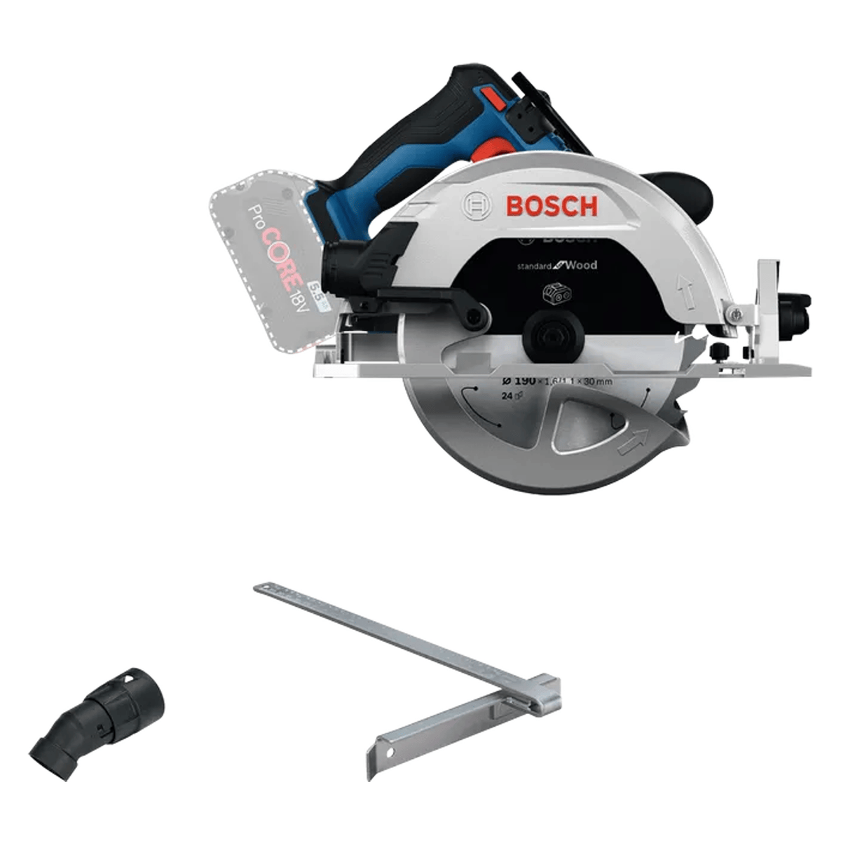A side-profile view of the Bosch 18V cordless circular saw showcasing its complete assembly. Below the main wood cutting tool layout, a 360-degree pivoting dust extraction vacuum attachment port and an adjustable metal rip fence guide accessory are displayed as loose kit components against a clean background.
