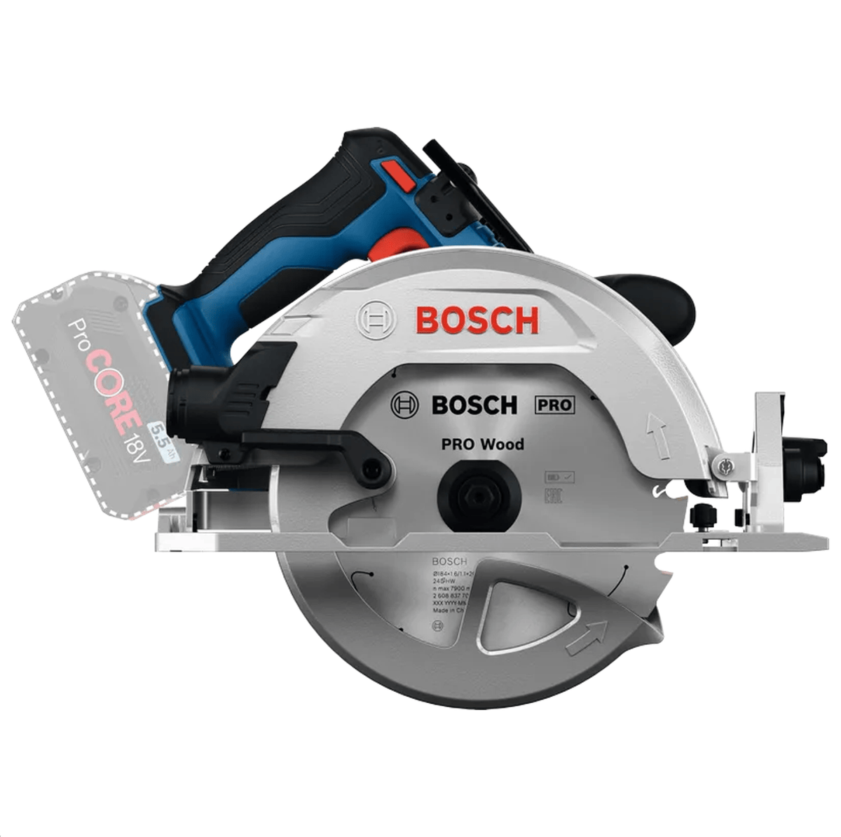 A side-elevation view of the Bosch 18V brushless 7-1/4 inch circular saw. The technical product composition highlights the silver aluminum upper blade guard with a bold red logo, a textured auxiliary handle grip, a translucent lower guard shielding a PRO Wood carbide saw blade, and an attached rear battery connection point.