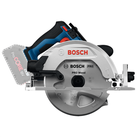 A side-elevation view of the Bosch 18V brushless 7-1/4 inch circular saw. The technical product composition highlights the silver aluminum upper blade guard with a bold red logo, a textured auxiliary handle grip, a translucent lower guard shielding a PRO Wood carbide saw blade, and an attached rear battery connection point.