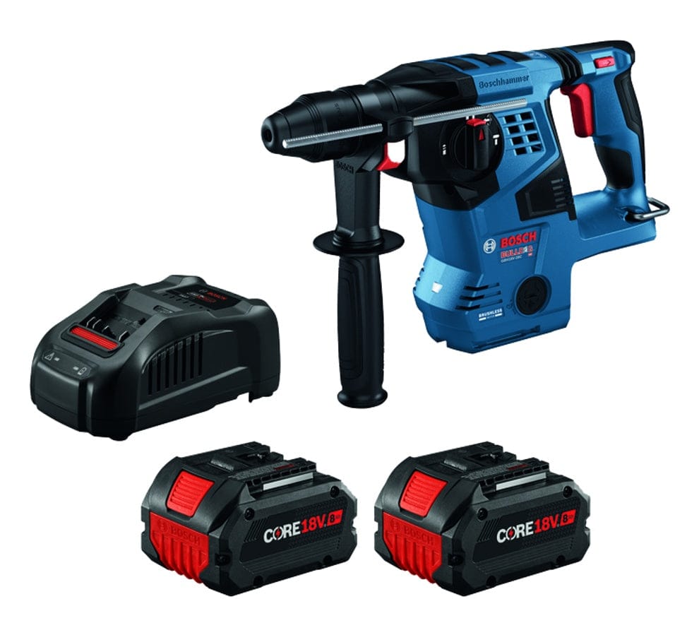 A studio shot of the Bosch GBH18V-28CK28 kit, including the rotary hammer, two CORE18V 8.0Ah batteries, and the 18V fast charger.