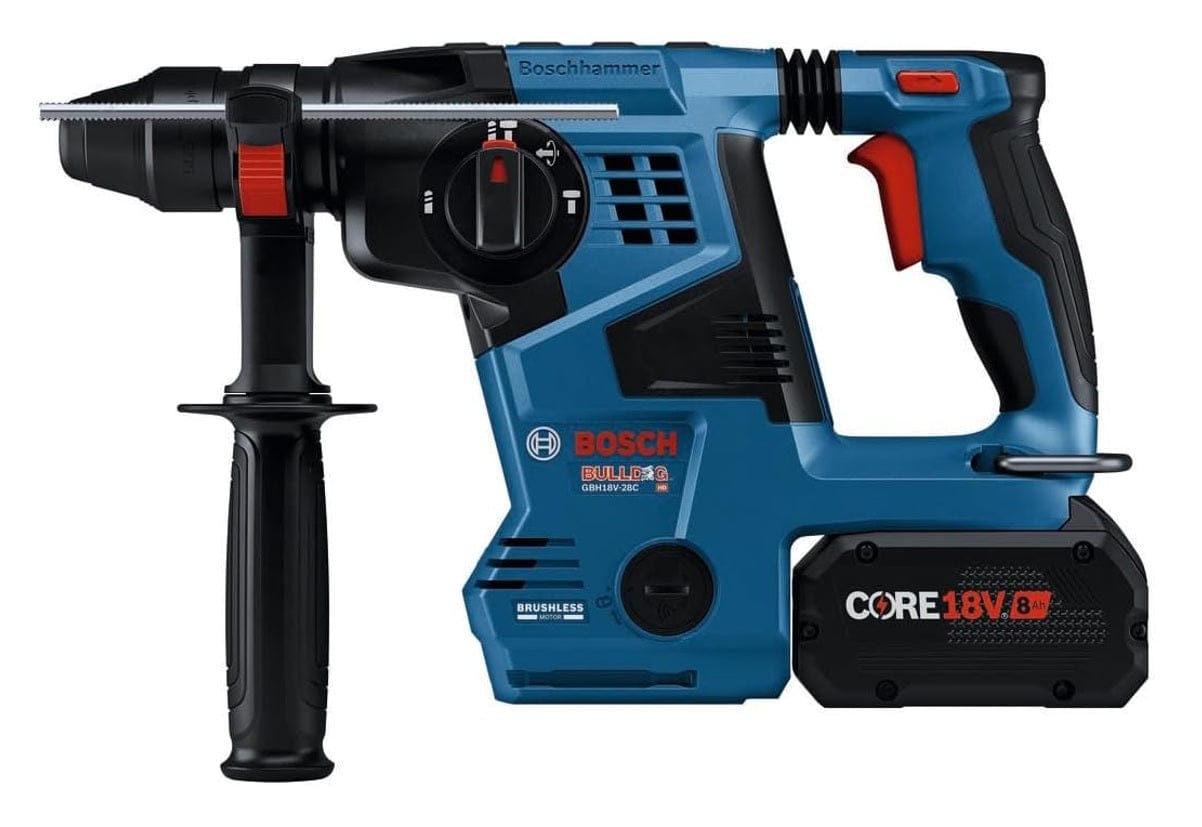 A side profile studio shot of the Bosch GBH18V-28C rotary hammer with a CORE18V 8.0Ah battery, auxiliary handle, and depth gauge attached.