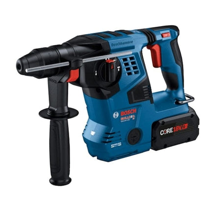 A three-quarter angle studio shot of the Bosch GBH18V-28C rotary hammer with a CORE18V 8.0Ah battery, auxiliary handle, and depth gauge attached.