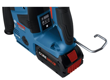 A close-up studio shot of the Bosch GBH18V-28C, highlighting the CORE18V 8.0Ah battery, the HammerHook, and the on-tool user interface display.