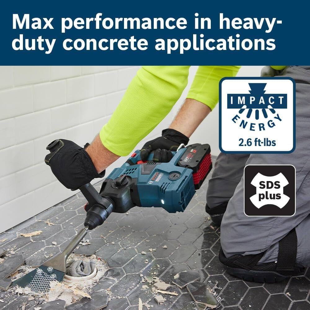 A marketing image showing the Bosch GBH18V-28C rotary hammer, with an "IMPACT ENERGY 2.6 ft-lbs" icon, being used to chisel up hexagonal floor tiles.