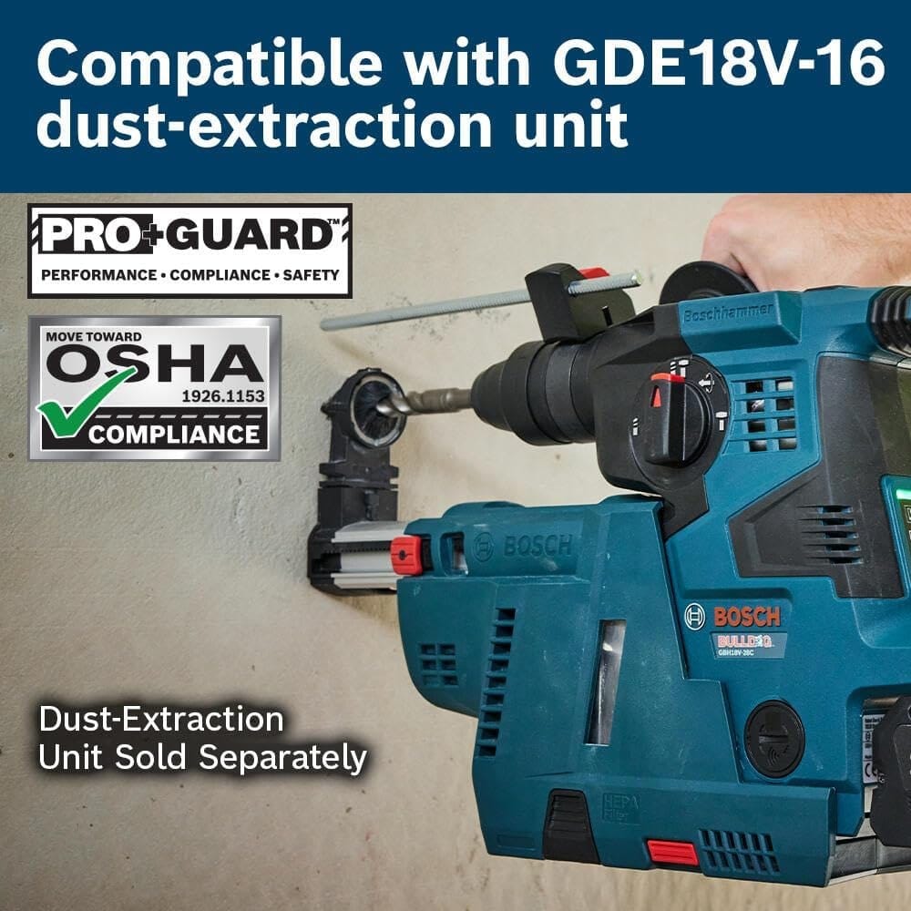 A marketing image showing the Bosch GBH18V-28C rotary hammer attached to the GDE18V-16 dust extraction unit, with logos for PRO+GUARD and OSHA compliance.