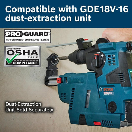 A marketing image showing the Bosch GBH18V-28C rotary hammer attached to the GDE18V-16 dust extraction unit, with logos for PRO+GUARD and OSHA compliance.