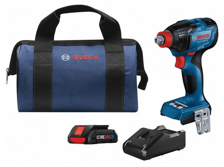 Bosch impact driver kit with tool, CORE18V battery, charger, and branded carrying bag displayed on flat surface