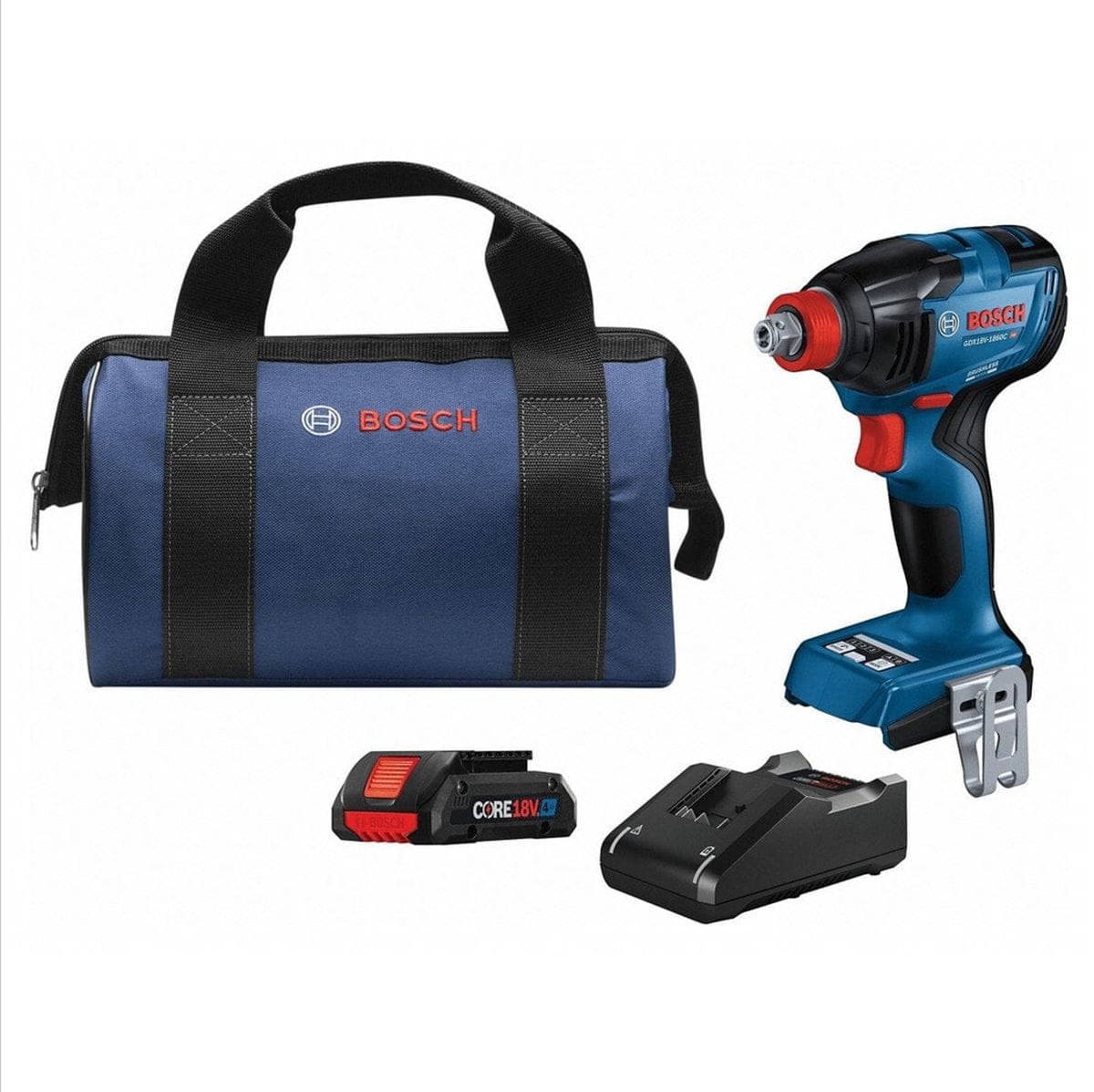 Bosch impact driver kit with tool, CORE18V battery, charger, and branded carrying bag displayed on flat surface