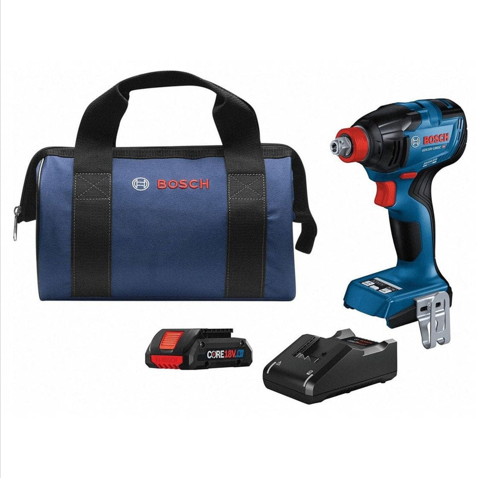 Bosch impact driver kit with tool, CORE18V battery, charger, and branded carrying bag displayed on flat surface