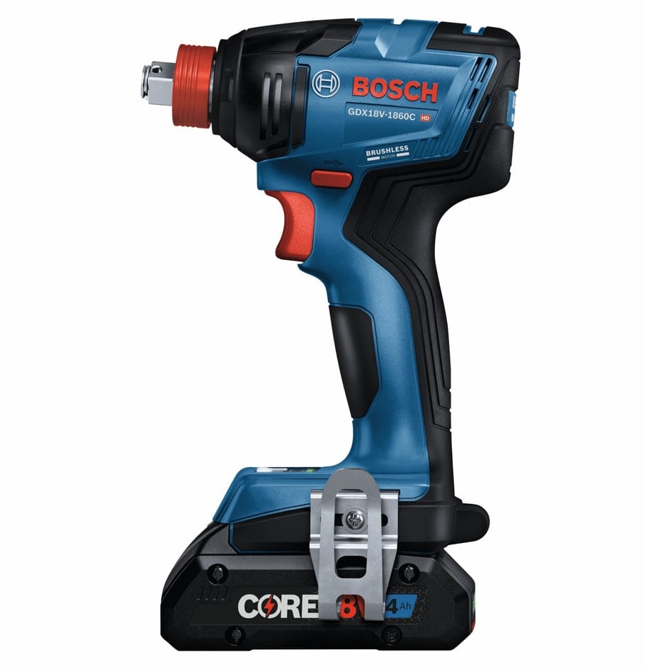 Bosch GDX18V-1860C impact driver with CORE18V 4.0Ah battery; red trigger and compact design shown.