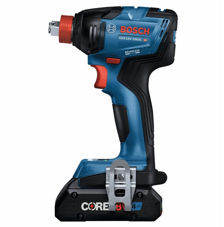 Bosch GDX18V-1860C impact driver with CORE18V 4.0Ah battery; red trigger and compact design shown.