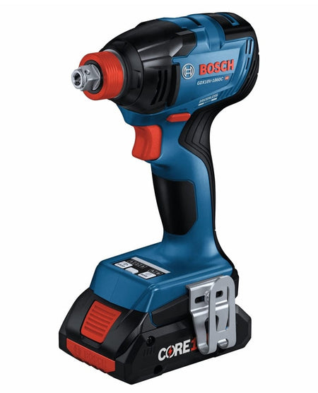 Bosch GDX18V-1860C impact driver with hybrid chuck and belt clip; brushless motor and model label visible.