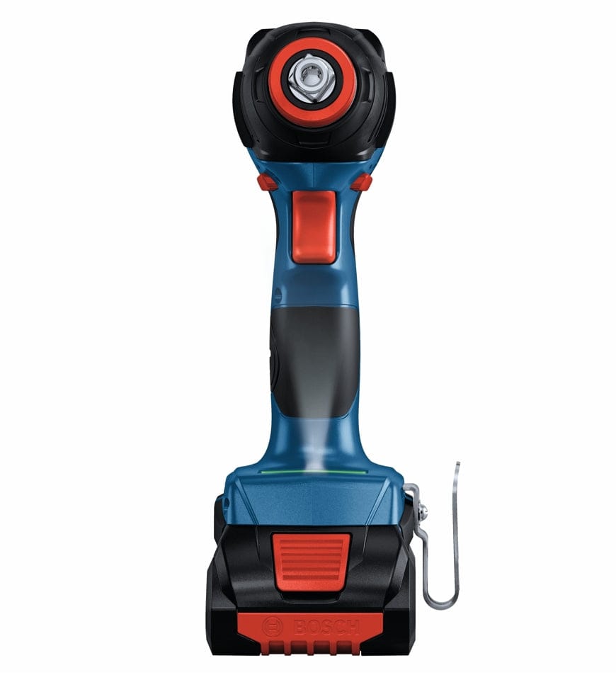 Front view of Bosch cordless drill with red trigger, drill bit holder, and belt clip; battery pack attached.