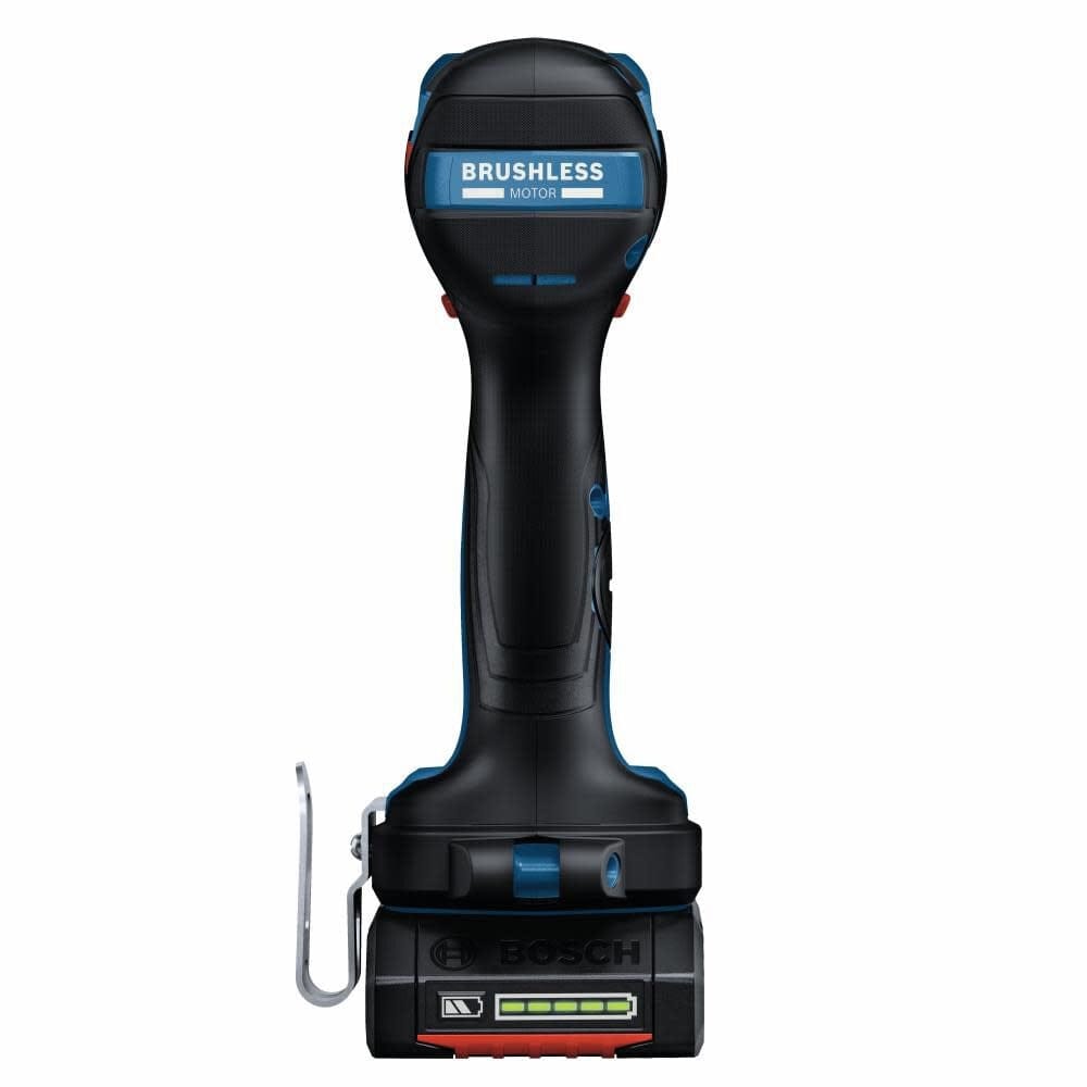 Rear view of Bosch brushless drill showing battery charge indicator, ergonomic grip, and metal belt clip.