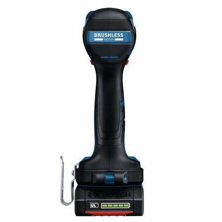 Rear view of Bosch brushless drill showing battery charge indicator, ergonomic grip, and metal belt clip.