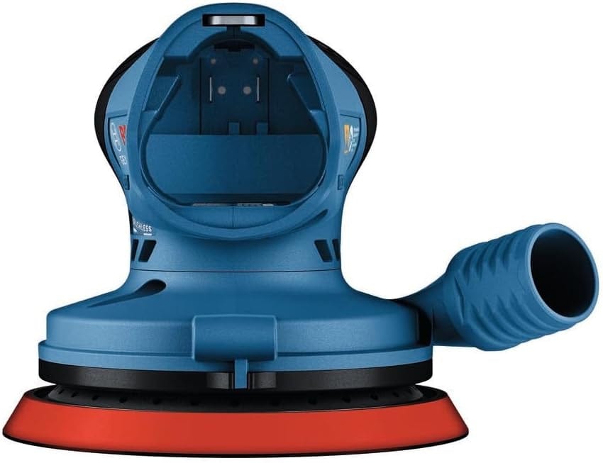 A three-quarter angle studio shot of the Bosch GEX12V-5 cordless 5-inch random orbit sander.