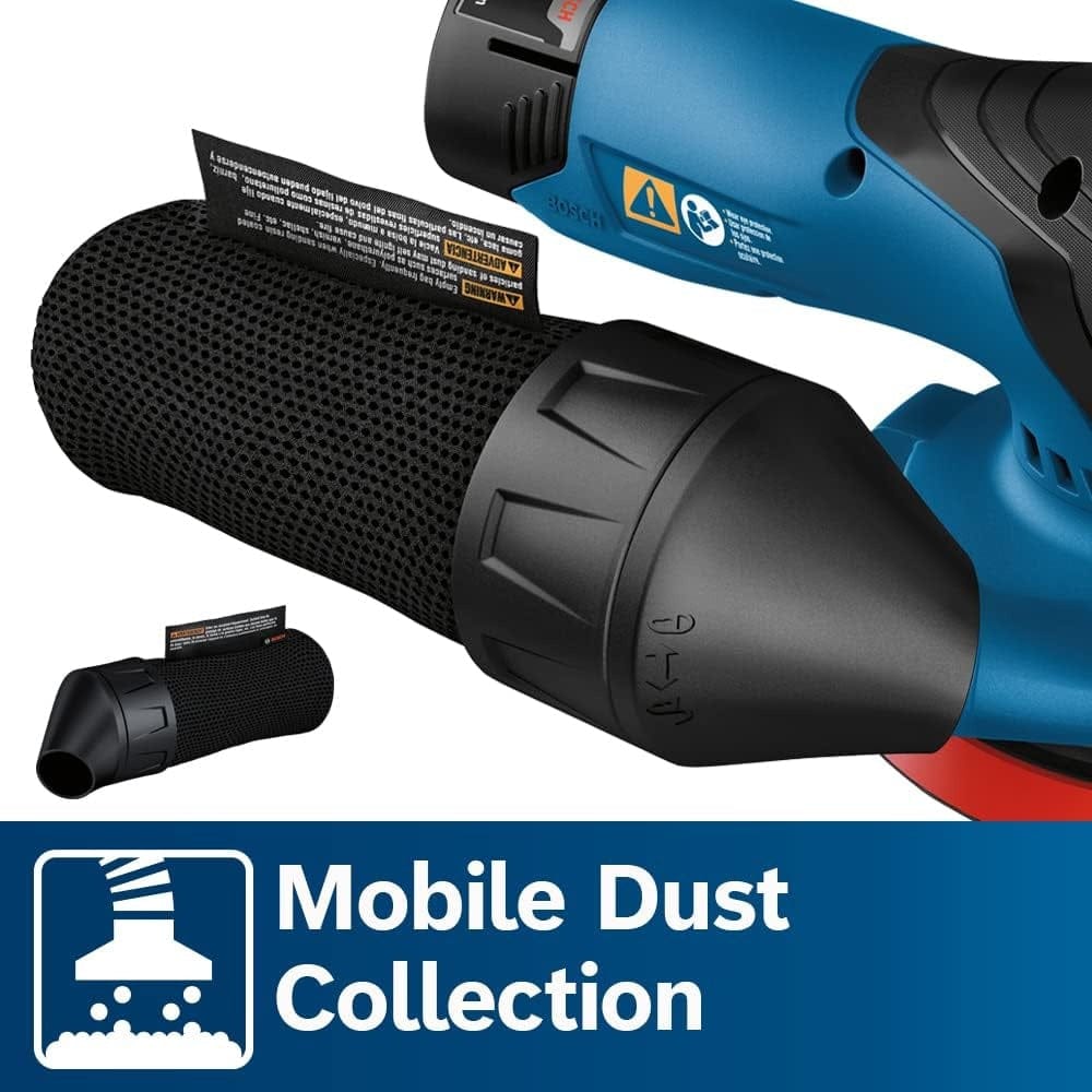 A marketing graphic, labeled "Mobile Dust Collection," showing a close-up of the mesh dust bag attached to the sander's port.