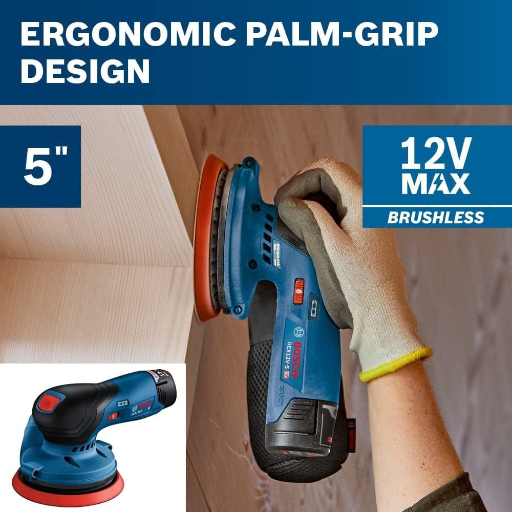A marketing image showing the ergonomic palm-grip design of the 5-inch Bosch 12V Max brushless sander being held vertically.