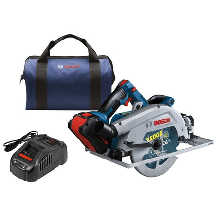 Bosch circular saw kit with saw, battery, charger, and branded carrying bag; designed for portable cutting tasks.