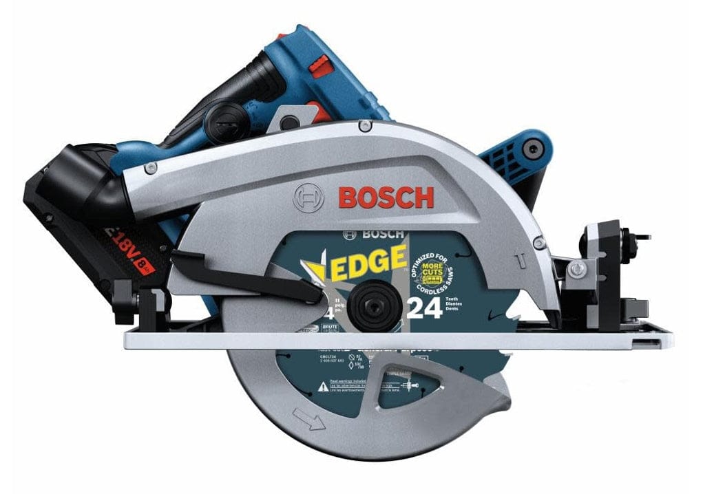 Bosch circular saw with EDGE 24 Tooth Framing Blade labeled for fast, smooth cuts; 18V battery visible.