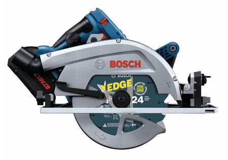 Bosch circular saw with EDGE 24 Tooth Framing Blade labeled for fast, smooth cuts; 18V battery visible.