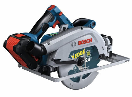 Bosch cordless circular saw with EDGE 24T carbide blade and battery pack; designed for general-purpose wood cutting.