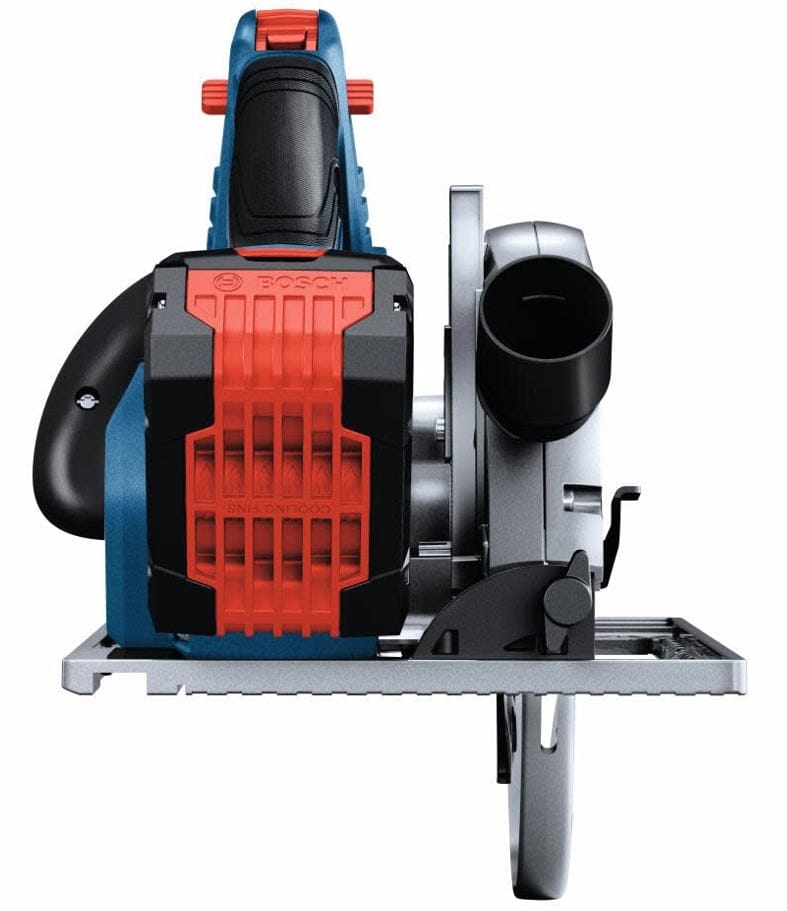 Front view of Bosch circular saw with exposed blade, textured grip handle, and dust extraction port on motor housing.