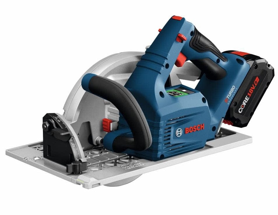 Bosch cordless circular saw with CORE18V battery and bevel adjustment plate; designed for ergonomic control and power.