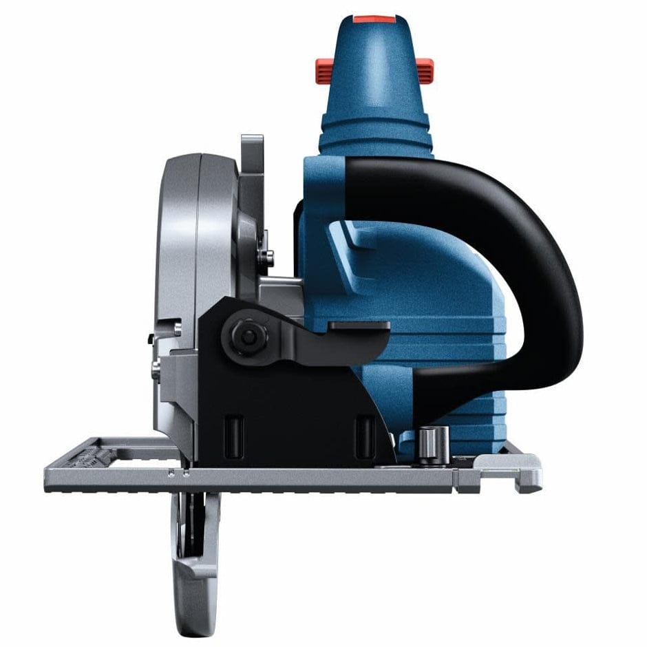 Side view of Bosch circular saw showing blade housing, ergonomic handle, and base plate for guided cutting.
