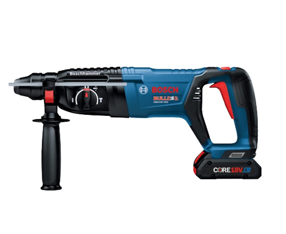 Bosch Bulldog rotary hammer drill with side handle and mode selector switch, powered by CORE18V battery, shown in blue with red and black accents for professional-grade use.