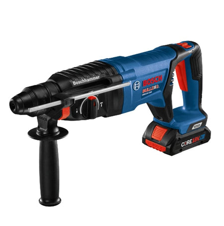 Bosch Bulldog cordless rotary hammer drill with side handle and CORE18V battery, designed for heavy-duty concrete drilling and chiseling applications.