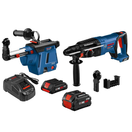 Bosch rotary hammer drill kit with dust extractor, two CORE18V batteries, charger, depth gauge, auxiliary handle, and mounting accessories.