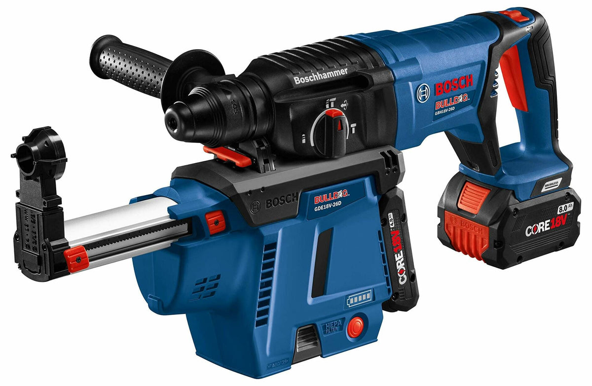 Bosch Bulldog BULLS-EYE rotary hammer drill with CORE18V battery, dust extraction unit, depth gauge, and side handle for masonry drilling.
