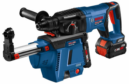 Bosch Bulldog BULLS-EYE rotary hammer drill with CORE18V battery, dust extraction unit, depth gauge, and side handle for masonry drilling.