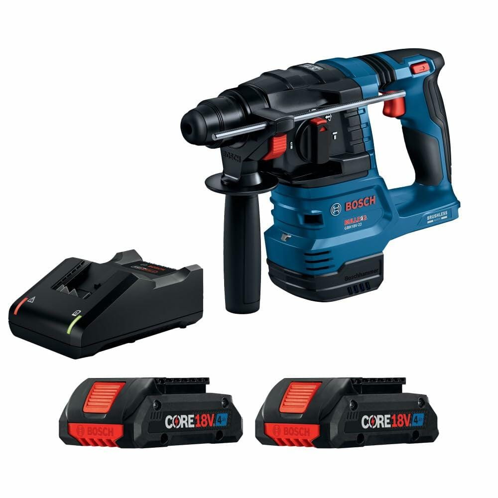 Full kit contents laid out, including the Bosch 18V Brushless SDS-plus Bulldog Rotary Hammer, two CORE18V 4Ah Advanced Power Batteries, and the battery charger.