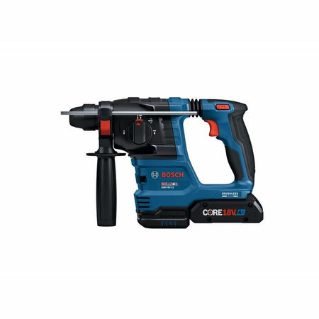Side profile of the Bosch 18V Brushless SDS-plus Bulldog Rotary Hammer with a drill bit inserted, showing the compact L-shaped design and variable speed trigger.